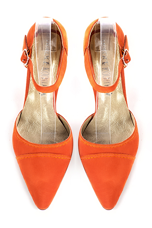 Clementine orange women's open side shoes, with an instep strap. Tapered toe. Medium spool heels. Top view - Florence KOOIJMAN